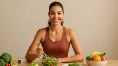 Imagen de personas llevando un estilo de vida saludable, haciendo yoga y disfrutando de comidas balanceadas.