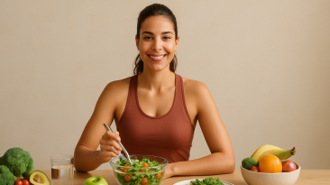 Imagen de personas llevando un estilo de vida saludable, haciendo yoga y disfrutando de comidas balanceadas.