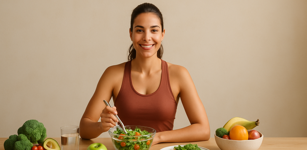 Imagen de personas llevando un estilo de vida saludable, haciendo yoga y disfrutando de comidas balanceadas.