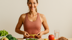 Personas motivadas realizando actividad física y eligiendo alimentos saludables en un entorno positivo.