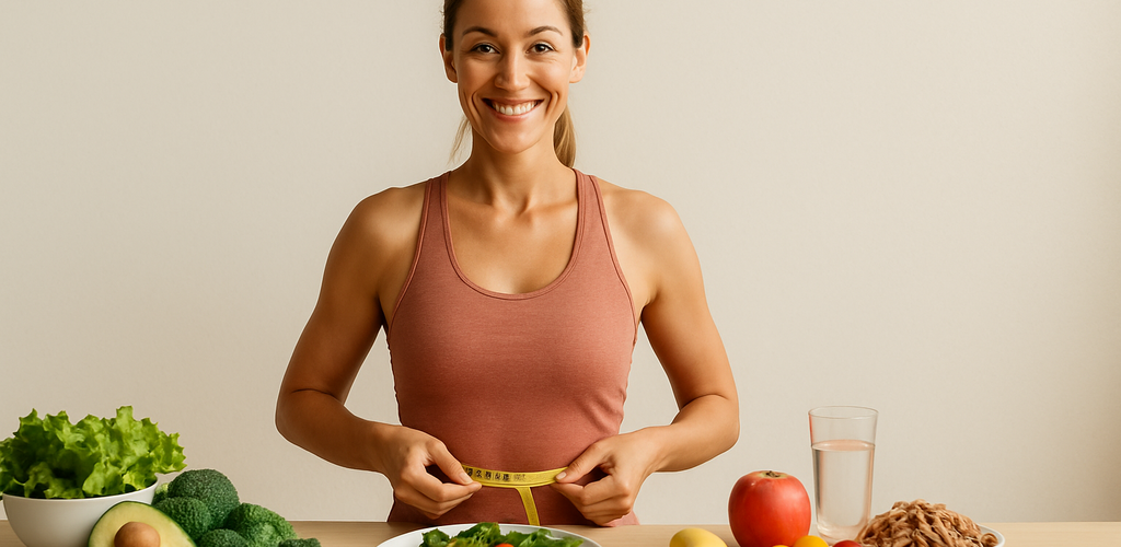 Personas motivadas realizando actividad física y eligiendo alimentos saludables en un entorno positivo.